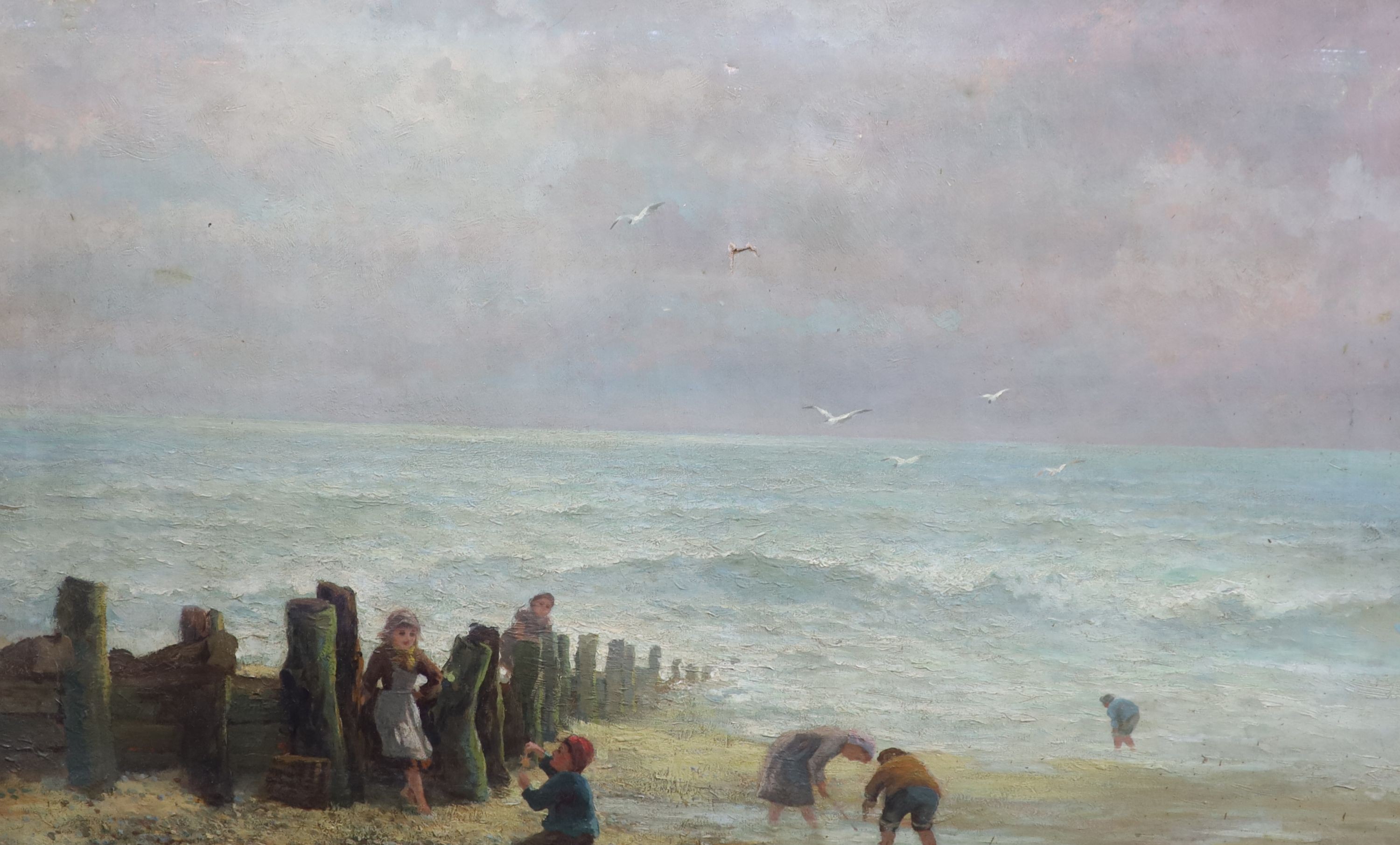 After Eugene Boudin, oil on canvas, children on the beach, 1899 Exposition Eugene Boudin label verso, 61 x 92cm.